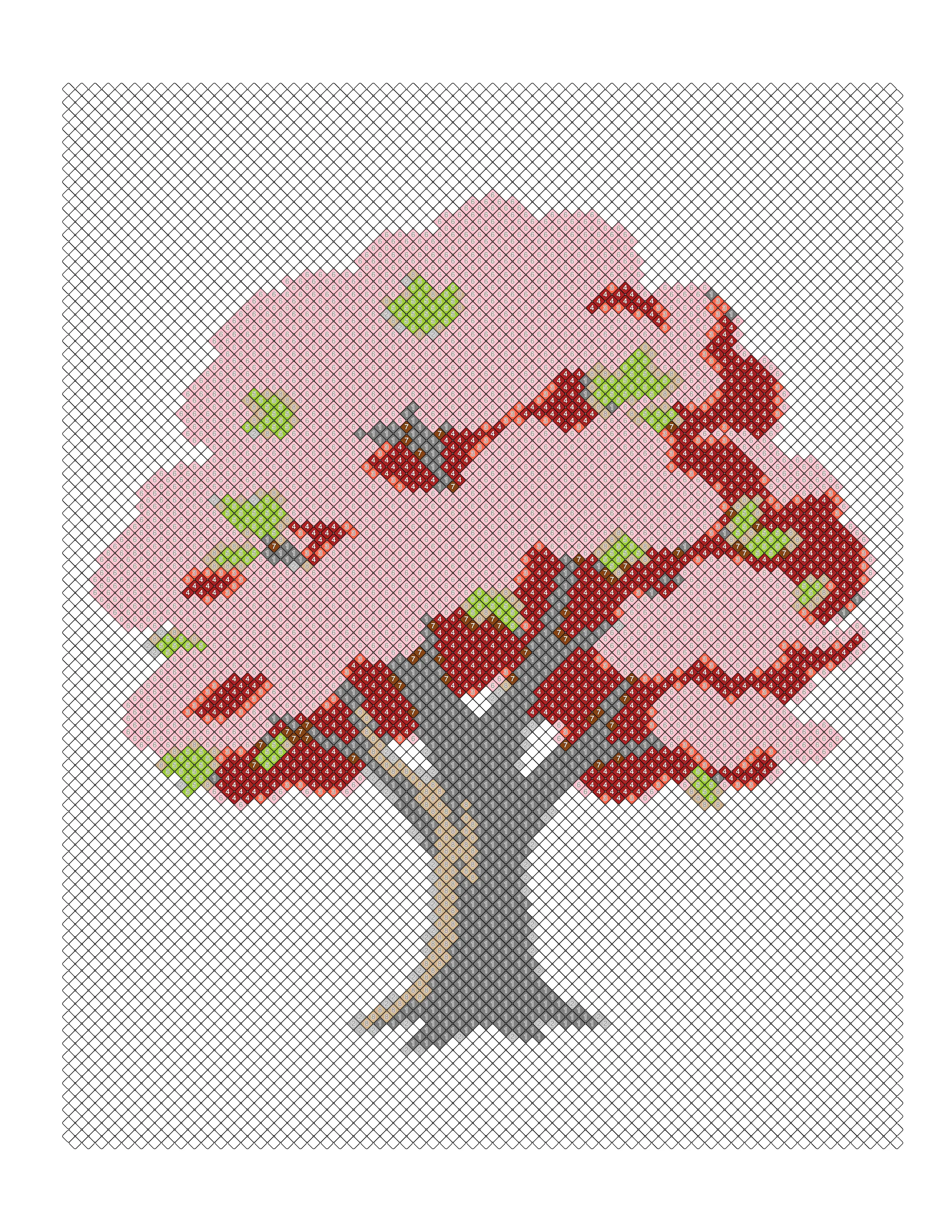 Completed diamond-lattice color-by-number blossom tree