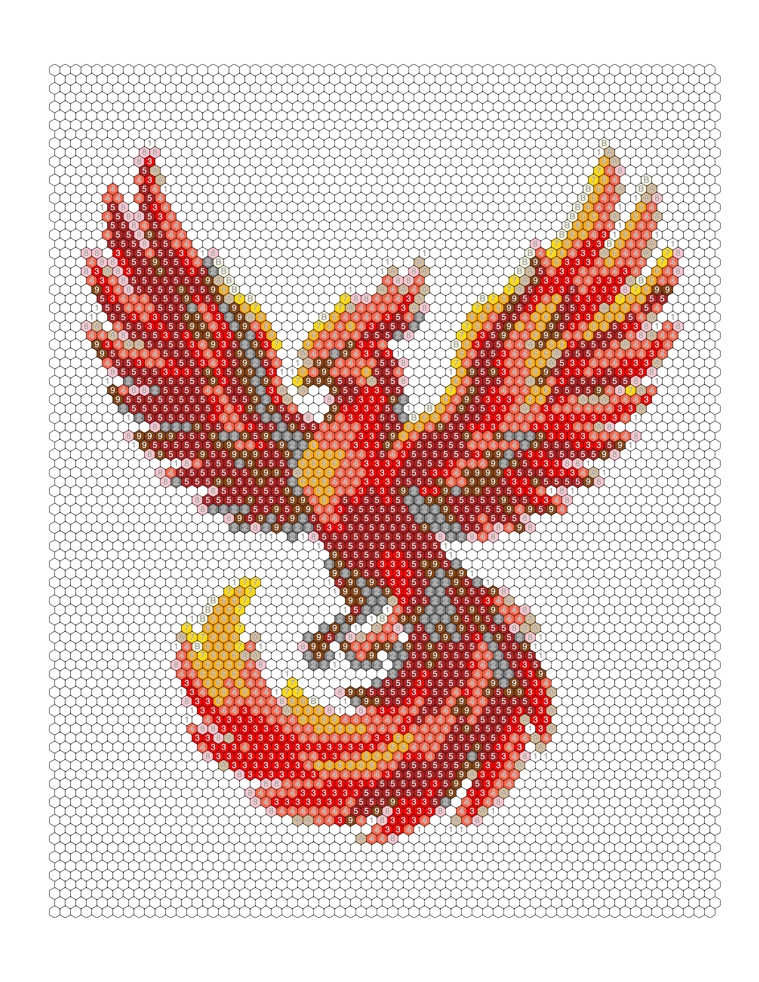 Completed hexagonal color-by-number phoenix