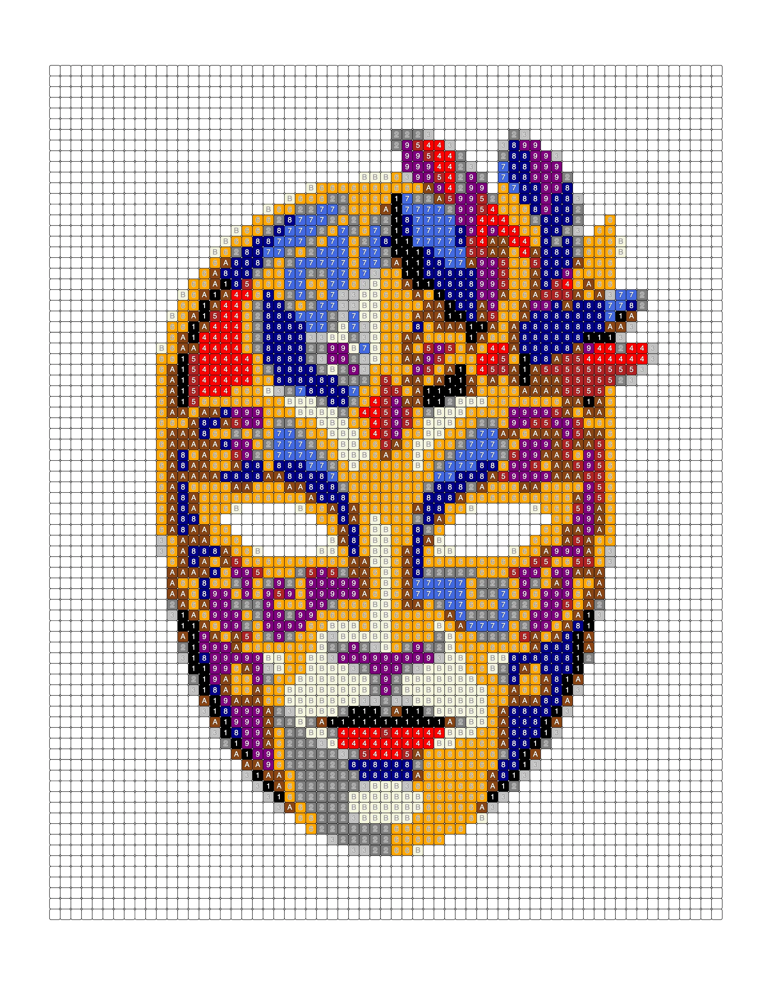 Carnival mask illustration converted into a Square pattern color-by-number page, colored in
